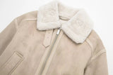 Beige Fur Lining Turn-Down Collar Biker Jacket-Outfit