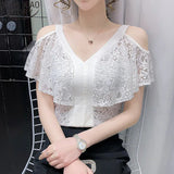 Lace Blouse 2022 Summer New Sexy Off-shoulder Ruffle Tops Simple V-neck Black Shirts Casual 3XL Blusas Mujer