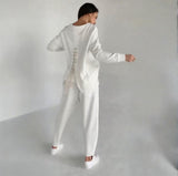 Fongt 2025 New Women's Solid Color Round-Neck Long-Sleeved Set Pocket Casual Pants Trousers