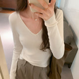 V-Collar Solid Color Long-Sleeved Woolen Blouse A New Style Slim And Slim Sweater In Autumn And Winter-Outfit
