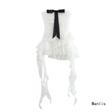 Fongt Spring Women's New Ougen Yarn Sue Bow Trim Corset Dress