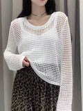 New Summer Style Thin Hollowed-Out Sweater Women's Round Collar, Long Sleeves, Loose Jackets, Fashion Blouses-Outfit