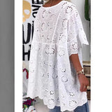 Fongt Women's New V-Neck Hollow Embroidered Blouse Short-Sleeved