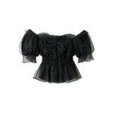 Mesh Bubble Sleeve Blusas Mujer Off-shoulder Shirts Blouses Lace Up Bow Camisas Spring Summer 2024 Tops Tunic Ropa-Outfit