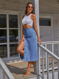 Side Slit Buttoned Denim Midi Skir-Outfit