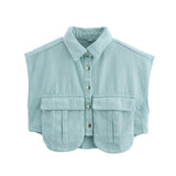 Fongt Color Women's Clothing 2025 Spring Solid Color Big Pocket Sleeveless Polo Collared Denim Shirt Blouse
