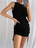 Cotton Ruched Drawstring Sexy Party Dress Women Sleeveless Elastic Mini Dress Vintage Summer Bodycon Club Wear