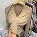 Threaded Deep V Long-Sleeved T-Shirt Women's Spring And Autumn New Slim Bottom Shirt With Pure Sexy Solid Color Blouse-Outfit