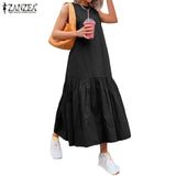 Summer Solid Maxi Dress ZANZEA Sleeveless A Line Robe Fashion Casual Ruffle Dresses Womens Elegant Beach