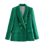 Fongt Women's Spring And Autumn Fashion Double Buckle Flowers This Lattice Suit Jacket Retro Long-Sleeved Pocket Suit Jacket