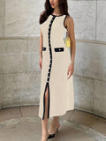 Fongt Ladies Knitted Jersey Dress Round Collar Sleeveless Button Slimming Dress