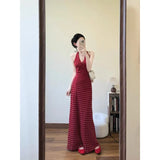 Fongt Casual Temperament Wave Point Print Hanging Neck V-Neck Dress Korean Waist Thin Dress
