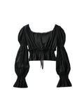 Pleated Lantern Long Sleeve Shirt For Women's 2023 Spring And Autumn New Vintage White Square Collar Blouse Tops