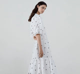Sleeve Midi Women Dresses Vintage Polka Dot Dress White Cotton Floral Embroidery Summer Dress Casual Party