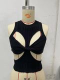 Fongt Sexy Irregular Sleeveless Hollow Kink Wool Woven Vest Women's Fashion Half High Collar Solid Color Crop-Outfit