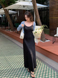 Fongt Xixi 2025 Spring New Korean Version High Waisted Elegant Suspension Dress V-Neck Solid Color Pure Desired Skirt 88172