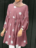 ZANZEA Women Polka Dots Printed Muslim Blouse Lace-Up Puff Sleeve Islamic Clothing Elagant Casual Dubai Marocain Turkish Tops 1028-0-Outfit