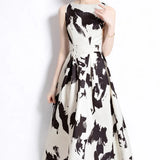 Fongt Retro Round Neckless Position Printing Dress Women's Summer Waist Thin Temperament Waist Swing Vest Skirt