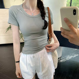 Elastic Skin-Friendly Threaded Straight Shoulder Low Round Collar Short-Sleeved T-Shirt New Summer Slim Blouse With Thin