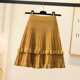 Knit Solid Elastic High Waist Ruffles Pleated Midi Skirt-Outfit