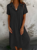 Fongt New Leisure Spring And Summer Loose Short-Sleeved V-Neck Solid Cotton Shirt Dress