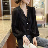 Wind Solid Color Lace Spliced Shirt Spring Autumn Long Sleeve Women's Hollow Out Chic Pearl Button Korean V-Neck Blouse-Outfit