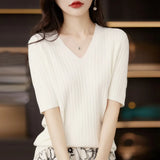 Fongt The Summer Of 2023, Women's Knit Short Sleeve Korean V-Neck Solid Color T-Shirt And A Pit Top-Outfit
