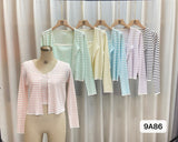 Fongt Summer New Fashion Temperament Sexy Knitted Striped High-Waisted Sling + Long-Sleeved Open-Shirt Two