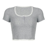 Y2k Vintage Crop Top Lace Patchwork Square Collar Short Sleeve Skinny T-shirt Women Casual Summer Tees 2000s Basic Shirt-Outfit