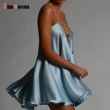 Chain Satin Low Back Swing Dress with Iridescent Crystal Straps and Deep V Neck Sexy Celebrity Party Club Y2K