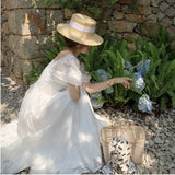 2022 New Arrival White Jacquard Summe Dress Vintage Elegant Puff Sleeve Casual Sexy Slash Collar Long Dress