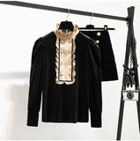 Long Sleeve Outfits Korean Casual Sets Elegant Vintage Turtleneck Velvet Top And Shorts Two Pieces Sets 2021 Women