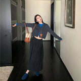 Fongt Autumn Thin High-End Design Splicing Fake Two Knitted Cardigan High-Waist Loose Half-Dress Woman