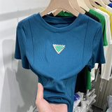Screw Thread Cotton Solid Green Nice Mini T Shirts Brand Triangle Label Chic Crop Tops Office Ladies Basic Summer Large 2XL-Outfit