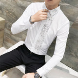 New Shirt Men High Quality Lace Patchwork Long Sleeve Slim Fit Tuxedo Shirt Casual Solid Hairstylist Work Shirts For