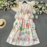 Fongt Court Dress Female Sweet Lace Lace V-Neck Buckle Long Design Print Dress