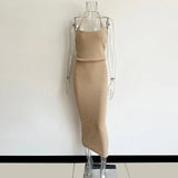 Rib Knitting Women Dress Sets 2021 Summer New Arrivals Ladies Halter-Style Short Top And Long Skirt Solid Two Piece