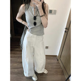 Fongt Atmosphere Is Beautiful Wearing A Korean Slimming Knitted Vest White Broad Leg Casual Pants Set Woman