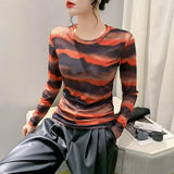 S-3XL New Vague Printing Mesh T-shirt Women's Round Neck Long Sleeve High Stretch Light Fabric Tees Tops-Outfit