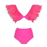 Solid-Color Mesh Yarn Leaf-Side Split Swimsuit Woman 2025 New High-Waisted Folding Sexy Bikini