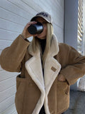 Oversize Loose Lamb Jacket For Women 2024 Winter Long Sleeve Button Fleece Coats Female Hip Hop Street Fluffy