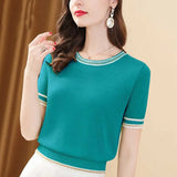 Classic Knit Crop Tops Women's Elegant Short Sleeve Thin Stylish O-neck T-shirts Korean Oversized Loose Chic Knitwear