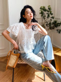 Fongt Small Top Girl Korean Summer White French Design Sense-Fangling Doll Shirt European Women's