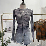 Spring Slim Women See-through Irregular Patchwork Mesh T-shirts Girls O-neck Full Sleeve Sheath Thin Crop Tops-Outfit