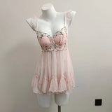 Fongt New Summer Pure Breast With Chest Pad Lace Embroidery Slings Sexy Mesh Homewear Set