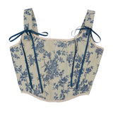 Fongt French Orchid Print With Fish Bone Corset Short Vest Bustier Crop Early Spring New