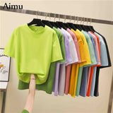Tee Shirt Summer short sleeve loose Solid color Basic T Shirt Women Casual O-neck 90s Tops Korean black White