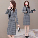 Plaid 2 Piece Dress Sets Spring Fall Elegant Long Sleeve Cropped Jacket Slim Ol Lapel Dresses Suits Oversize 4xl