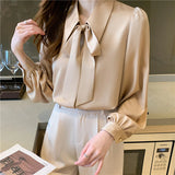Silk Satin Loose Women's Blouse New Fashion Solid Bow Tie Shirt Casual Long Sleeve Autumn
