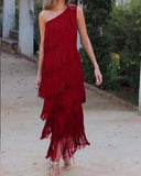 Fongt 2024 New Fashion Solid Color Diagonal Collar Multi-Layer Tassel Splicing Design Dress-Outfit